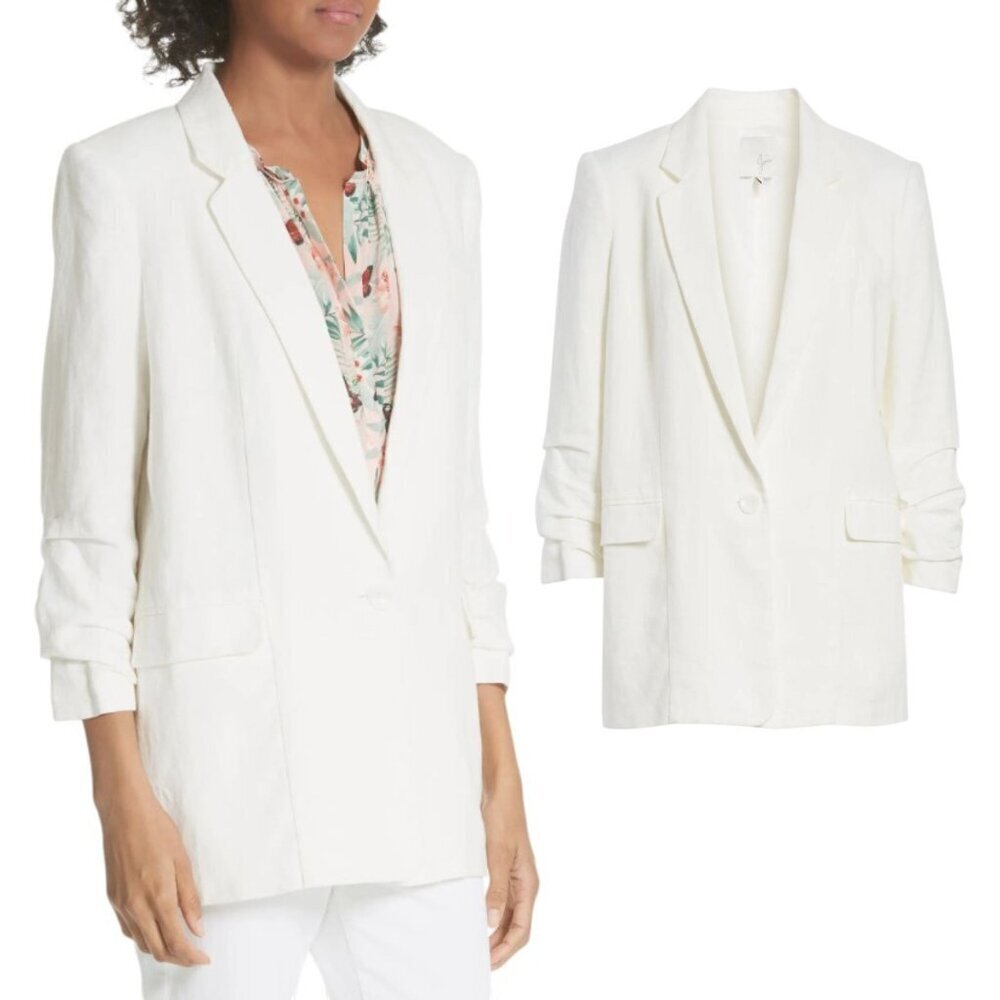 New! Joie White Kishina Ruched Sleeve Linen Blazer Size 0 - 26558